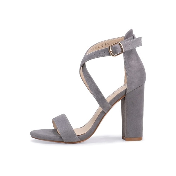 Chunky High Heel Sandal Strappy Open Toe Ankle Strap Gray Suede - Picture 3 of 5